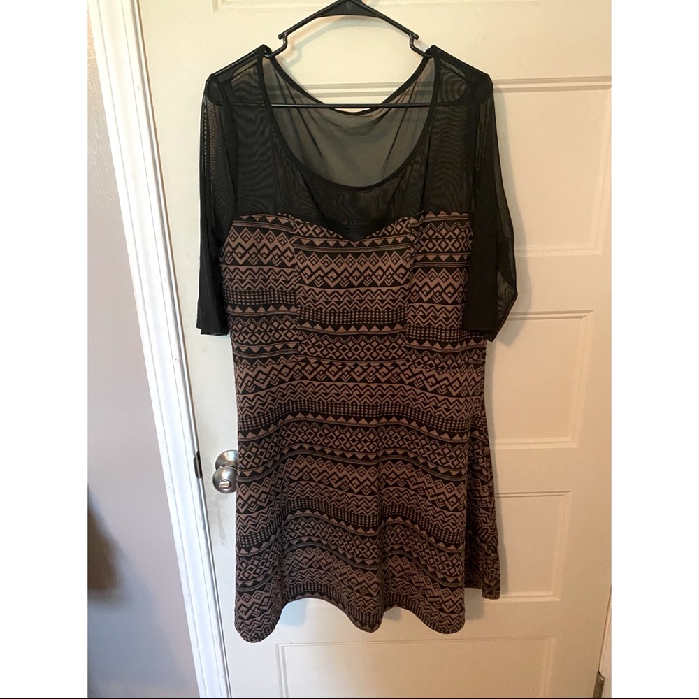 Brown and Black Patterned Dress with Mesh Arms